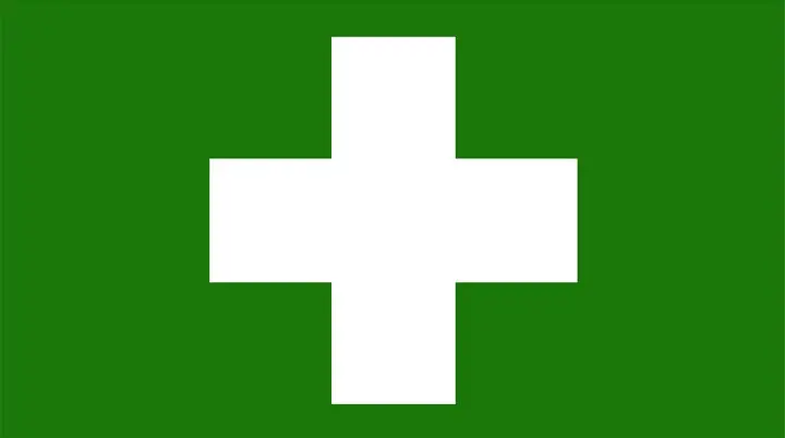 Weißes Kreuz auf grünem Grund als Symbol für Erste Hilfe | © HIJM